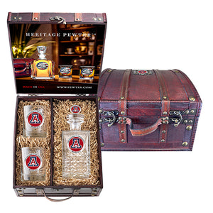University of Arizona Heritage Decanter with 3D Top and 2 Glasses with Chest Box