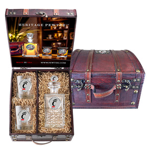 University of Cincinnati Heritage Decanter with 3D Top and 2 Glasses with Chest Box