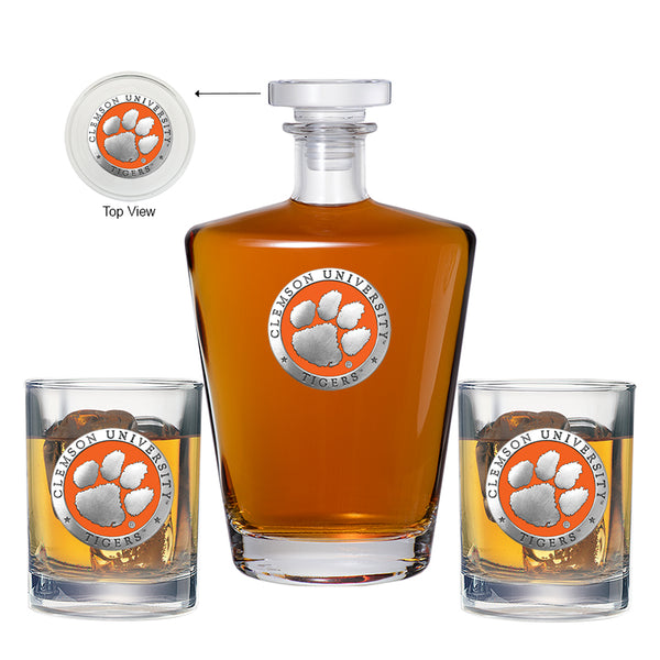 Clemson University Royal Decanter with 2 Glasses Heritage Metalworks