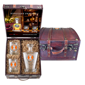 University of Illinois Royal Decanter and 2 Glasses w/ Chest Box