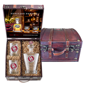 University of Oklahoma Royal Decanter with 3D Top and 2 Glasses w/ Chest Box