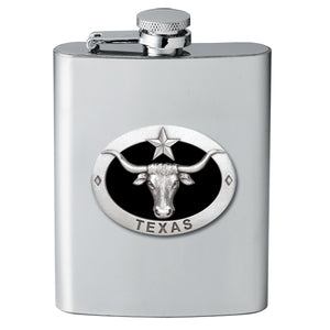 longhorn with texas, flask, western