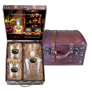 University of Southern Mississippi Capitol Decanter and 2 Glasses with Chest Box - Heritage Metalworks, Inc.