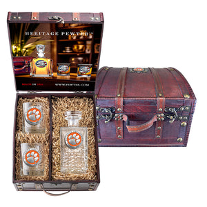 Clemson University Heritage Decanter and 2 Glasses with Chest Box
