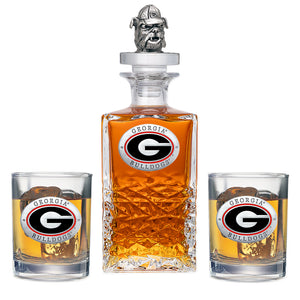 University of Georgia Heritage Decanter with 3D Top Bulldog & 2 Glasses