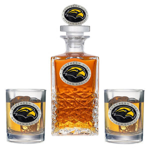 University of Southern Mississippi Heritage Decanter with 3D Top & 2 Glasses - Heritage Metalworks, Inc.