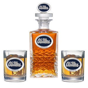 University of Mississippi "Ole Miss" Blue Logo Heritage Decanter with 3D Top & 2 Glasses