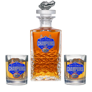 2025 Univ. of Florida Basketball Champ Heritage Decanter with 3D Gator Top & 2 Glasses
