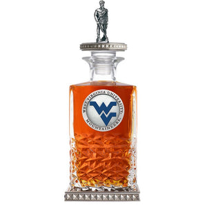 West Virginia University Heritage Decanter w/ Mountaineer 3D Top - Diamond Accents - Heritage Metalworks, Inc.