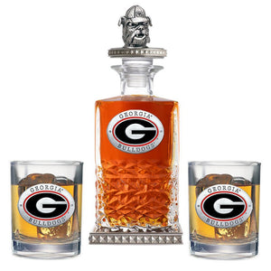 University of Georgia Heritage Decanter w/ Bulldog 3D Top - Diamond Accents & 2 Glasses - Heritage Metalworks, Inc.