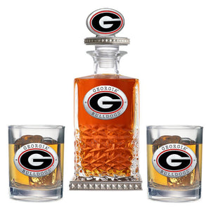 University of Georgia Heritage Decanter w/ 3D Top - Diamond Accents & 2 Glasses - Heritage Metalworks, Inc.