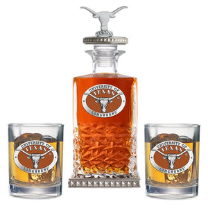 University of Texas at Austin Heritage Decanter w/ 3D Top - Diamond Accents & 2 Glasses - Heritage Metalworks, Inc.
