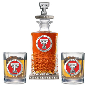 Texas Tech University Heritage Decanter w/ 3D Top - Diamond Accents & 2 Glasses - Heritage Metalworks, Inc.