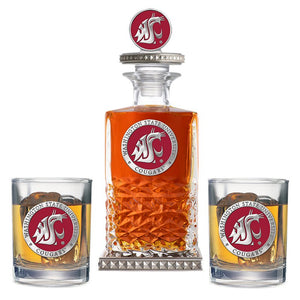 Washington State University Heritage Decanter w/ 3D Top - Diamond Accents & 2 Glasses - Heritage Metalworks, Inc.