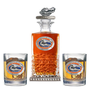 University of Florida Heritage Decanter w/ Gator Head 3D Top - Diamond Accents & 2 Glasses - Heritage Metalworks, Inc.