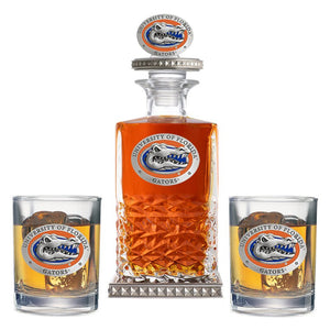 University of Florida Heritage Decanter w/ 3D Top - Diamond Accents & 2 Glasses - Heritage Metalworks, Inc.