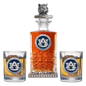 Auburn University Heritage Decanter w/ Tiger Head 3D Top - Diamond Accents & 2 Glasses - Heritage Metalworks, Inc.