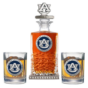 Auburn University Heritage Decanter w/ 3D Top - Diamond Accents & 2 Glasses - Heritage Metalworks, Inc.