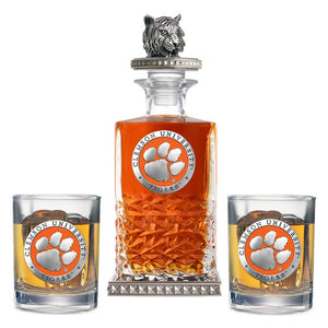 Clemson University Heritage Decanter w/ Tiger Head 3D Top - Diamond Accents & 2 Glasses - Heritage Metalworks, Inc.