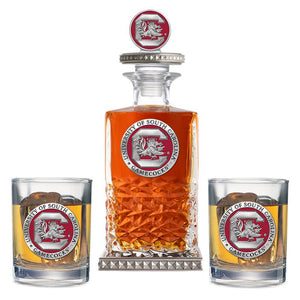 University of South Carolina Heritage Decanter w/ 3D Top - Diamond Accents & 2 Glasses - Heritage Metalworks, Inc.