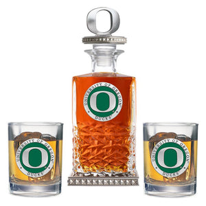 University of Oregon Heritage Decanter w/ 3D Top - Diamond Accents & 2 Glasses - Heritage Metalworks, Inc.