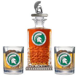 Michigan State University Heritage Decanter w/ 3D Top - Diamond Accents & 2 Glasses - Heritage Metalworks, Inc.