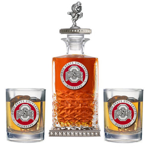 Ohio State University Heritage Decanter w/ Brutus 3D Top - Diamond Accents & 2 Glasses - Heritage Metalworks, Inc.