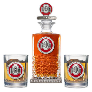 Ohio State University Heritage Decanter w/ 3D Top - Diamond Accents & 2 Glasses - Heritage Metalworks, Inc.