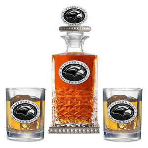 University of Southern Mississippi Heritage Decanter w/ 3D Top - Diamond Accents & 2 Glasses - Heritage Metalworks, Inc.