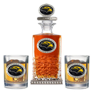 University of Southern Mississippi Heritage Decanter w/ 3D Top-Diamond Accents & 2 Glasses - Heritage Metalworks, Inc.
