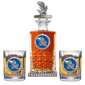 University of Kansas Heritage Decanter w/ 3D Top - Diamond Accents & 2 Glasses - Heritage Metalworks, Inc.