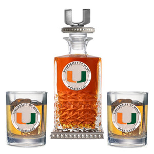 University of Miami Heritage Decanter w/ 3D Top - Diamond Accents & 2 Glasses - Heritage Metalworks, Inc.