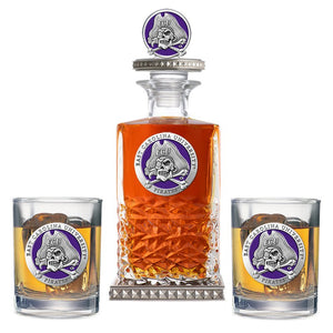 East Carolina University Heritage Decanter w/ 3D Top - Diamond Accents & 2 Glasses - Heritage Metalworks, Inc.