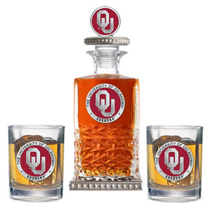 University of Oklahoma Heritage Decanter w/ 3D Top - Diamond Accents & 2 Glasses - Heritage Metalworks, Inc.