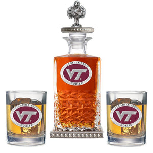 Virginia Tech University VT Logo Heritage Decanter w/ 3D Top - Diamond Accents & 2 Glasses - Heritage Metalworks, Inc.