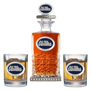University of Mississippi "Ole Miss" Logo Heritage Decanter w/ 3D Top - Diamond Accents & 2 Glasses - Heritage Metalworks, Inc.