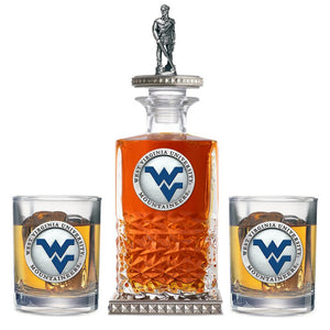 West Virginia University Heritage Decanter w/ Mountaineer 3D Top - Diamond Accents & 2 Glasses - Heritage Metalworks, Inc.