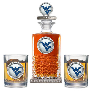 West Virginia University Heritage Decanter w/ 3D Top - Diamond Accents & 2 Glasses - Heritage Metalworks, Inc.