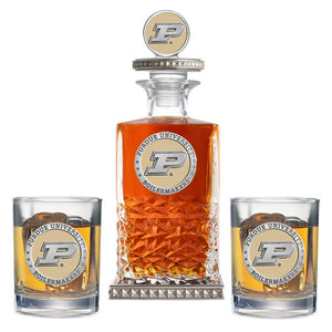 Purdue University Heritage Decanter w/ 3D Top - Diamond Accents & 2 Glasses - Heritage Metalworks, Inc.