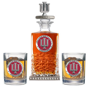 Indiana University Heritage Decanter w/ 3D Top - Diamond Accents & 2 Glasses - Heritage Metalworks, Inc.
