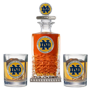 University of Notre Dame Heritage Decanter w/ 3D Top - Diamond Accents & 2 Glasses - Heritage Metalworks, Inc.