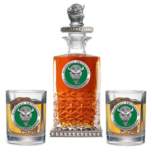 Marshall University Heritage Decanter w/ Buffalo 3D Top - Diamond Accents & 2 Glasses - Heritage Metalworks, Inc.