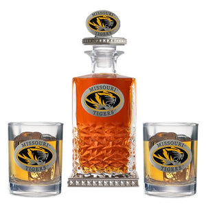 University of Missouri Heritage Decanter w/ 3D Top-Diamond Accents & 2 Glasses - Heritage Metalworks, Inc.