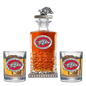 University of Arkansas Heritage Decanter w/ 3D Top - Diamond Accents & 2 Glasses - Heritage Metalworks, Inc.