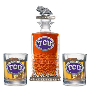 Texas Christian University Heritage Decanter w/ Horned Frog 3D Top - Diamond Accents & 2 Glasses - Heritage Metalworks, Inc.