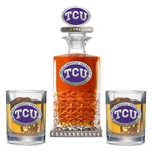 Texas Christian University Heritage Decanter w/ 3D Top - Diamond Accents & 2 Glasses - Heritage Metalworks, Inc.
