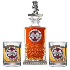 Mississippi State University Bulldogs "M" Logo Heritage Decanter w/ Bulldog 3D Top - Diamond Accents & 2 Glasses - Heritage Metalworks, Inc.