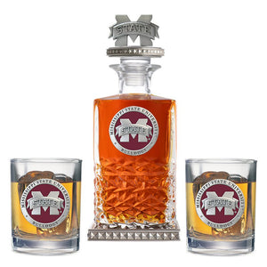 Mississippi State University Bulldogs "M" Logo Heritage Decanter w/ 3D Top - Diamond Accents & 2 Glasses - Heritage Metalworks, Inc.