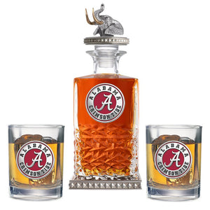 University of Alabama Heritage Decanter w/ Elephant Head 3D Top - Diamond Accents & 2 Glasses - Heritage Metalworks, Inc.
