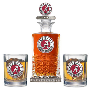 University of Alabama Heritage Decanter w/ 3D Top - Diamond Accents & 2 Glasses - Heritage Metalworks, Inc.